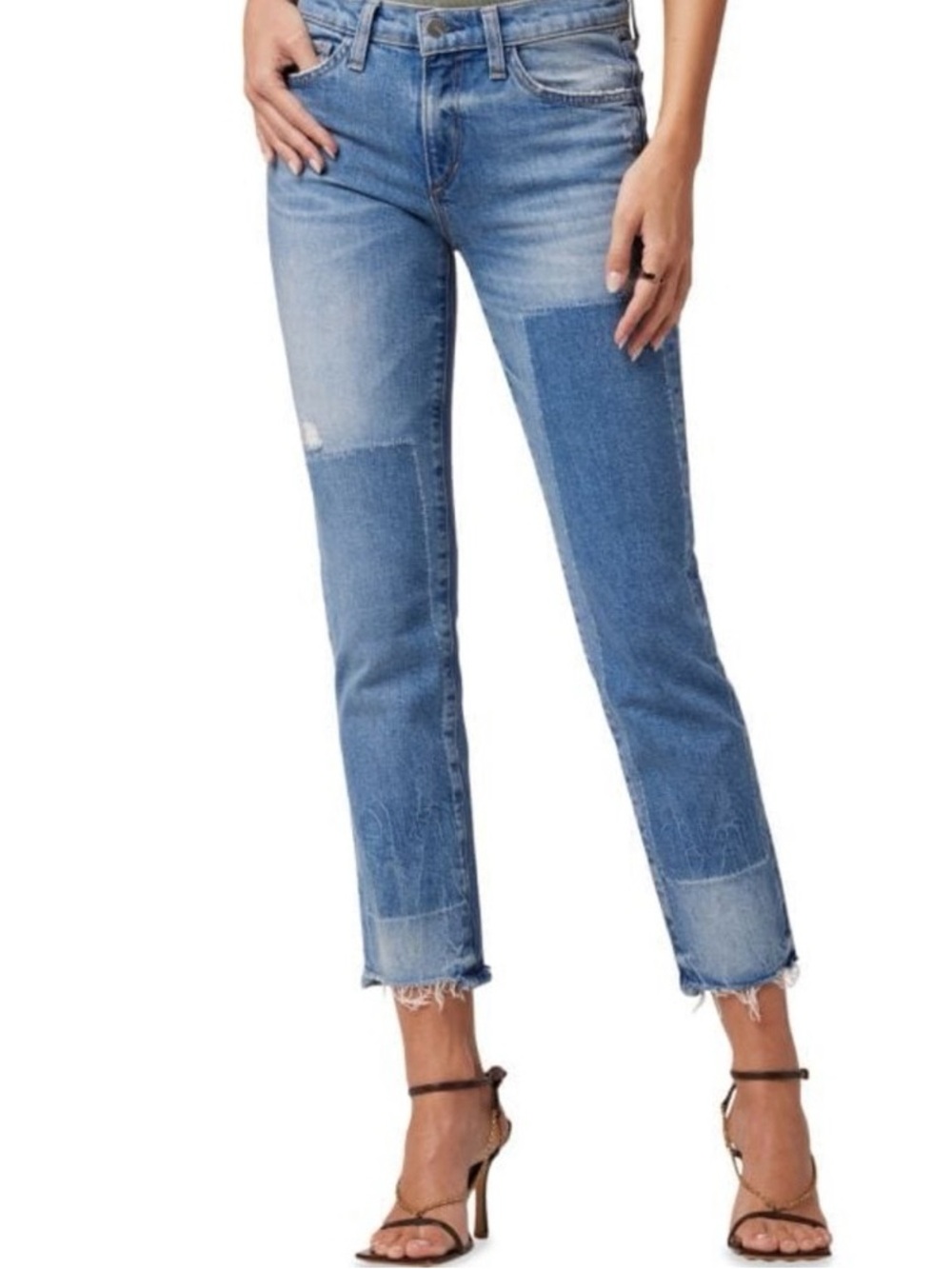 Joes “Lara” Mid Rise Cigarette Ankle Jeans, Patchwork Distressed Raw Hem Size 26